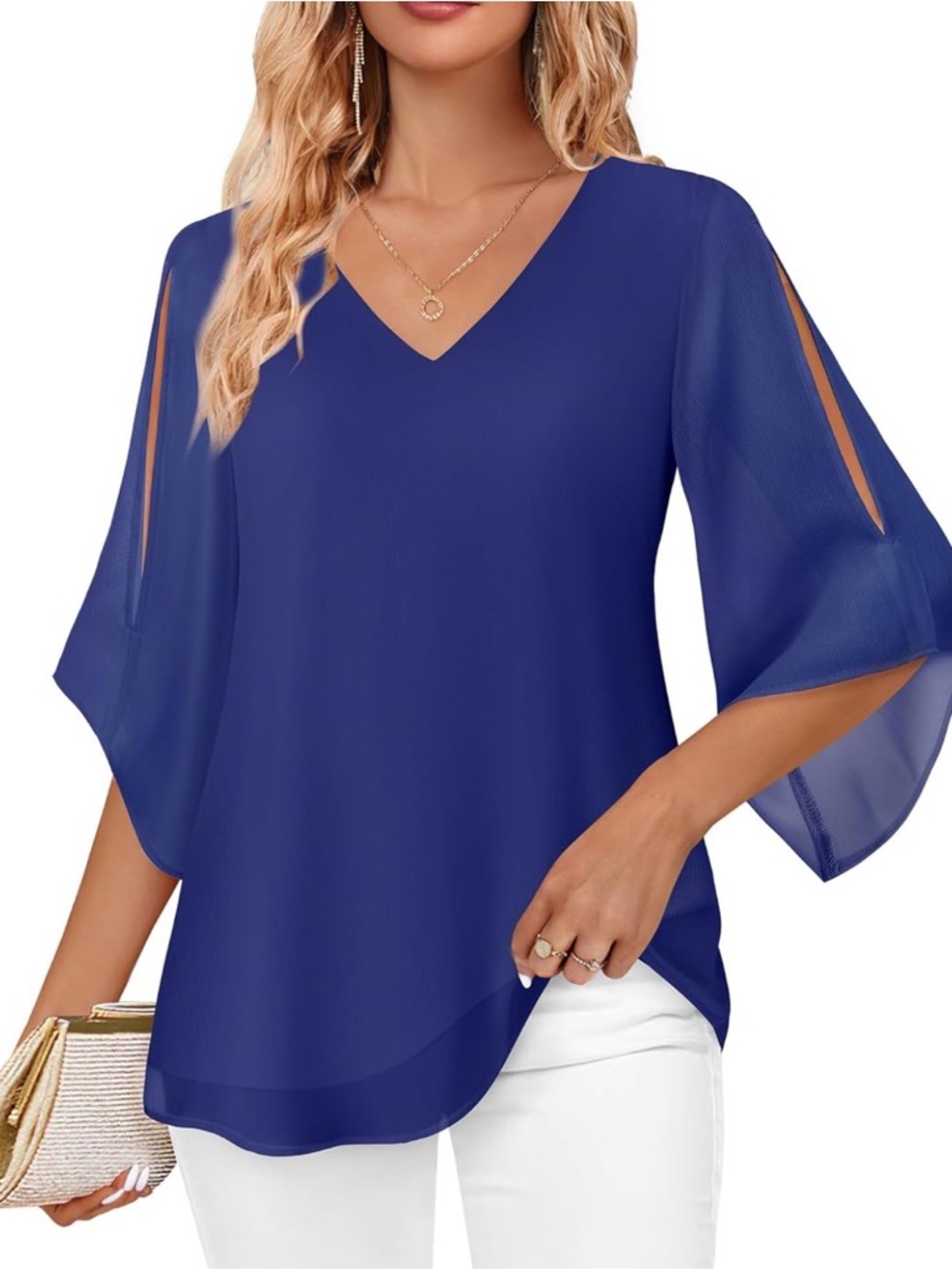 ❤️ Bebonnie Blue Chiffon Blouse with Split Sleeves - Elegant & Easy to Wear